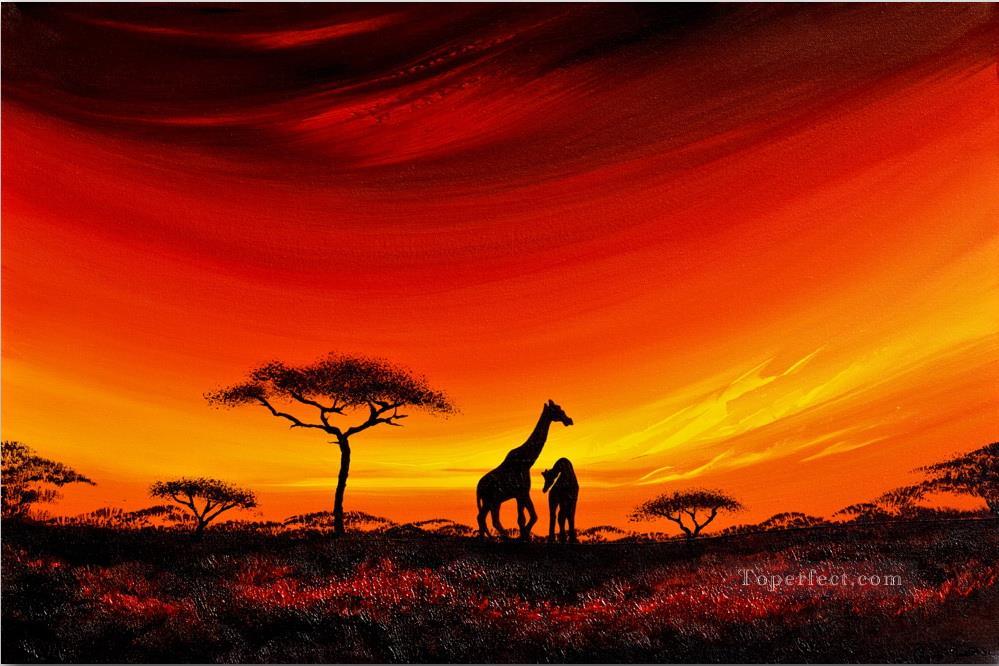 im Sonnenuntergang Giraffe auf Grünland afrikanisch Ölgemälde